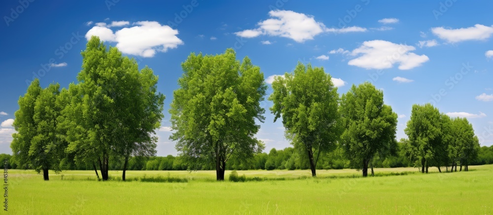 Poster green trees standing in the middle of the field. creative banner. copyspace image