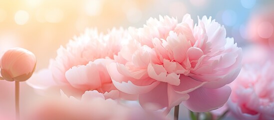 Summer blossoming peony selective focus shallow DOF toned light and heart bokeh background pastel and soft card. Creative banner. Copyspace image