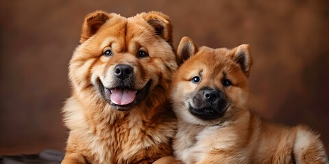 Fototapeta premium Adult and puppy Chow Chows sitting together against brown backdrop smiling. Concept Chow Chows, Adult Dogs, Puppy Dogs, Smiling, Brown Backdrop