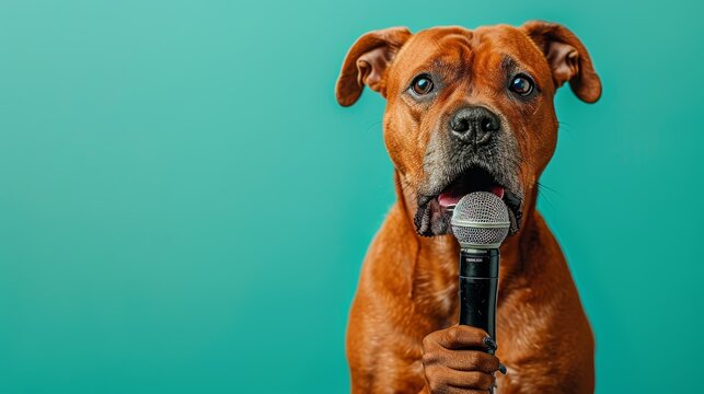 A brown dog holds a microphone and looks directly at the camera, against a teal background.