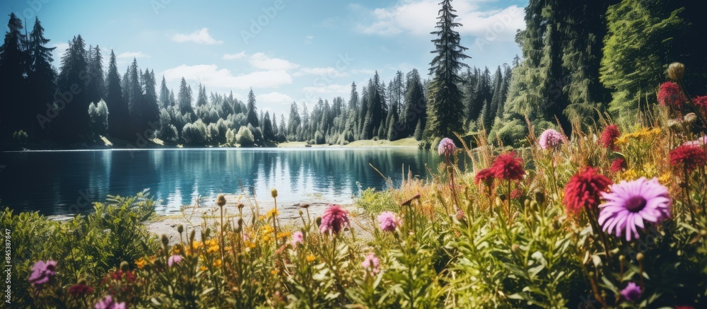 Sticker Lake view and wild flowers. Creative banner. Copyspace image