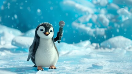 Fototapeta premium A cute penguin holds a microphone, ready to sing in a snowy, wintery landscape.