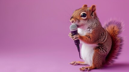 A cute squirrel holding a microphone,  looking ready to sing.