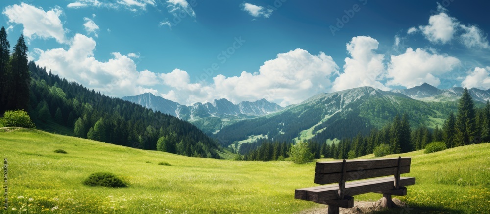 Poster mountains green forest meadow blue sky and white clouds and with a bench for rest in the foreground.