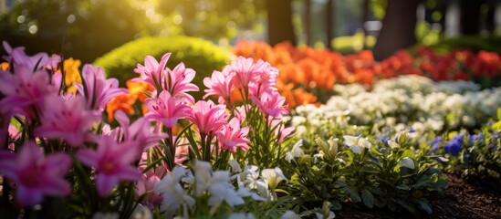 Fototapeta premium colorful flowers bloom in the bed. Creative banner. Copyspace image