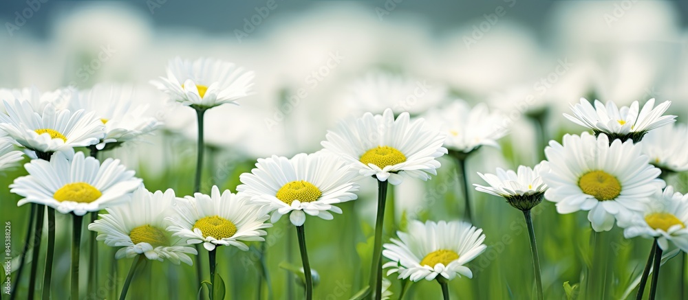Poster white daisy in focus with several white daisies in the background of green grass. creative banner. c