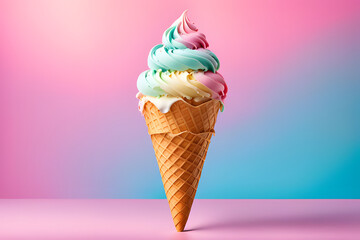 Summer ice cream cone with pastel background, sweet icecream, ai