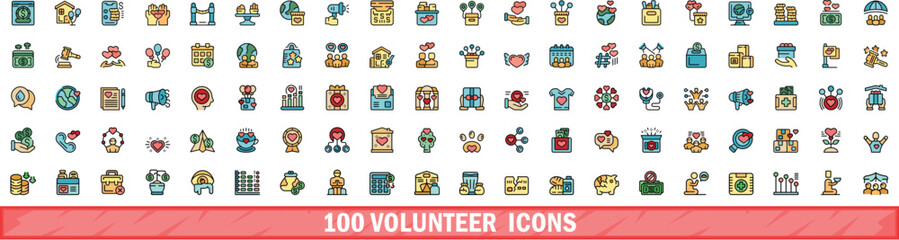 100 volunteer icons set. Color line set of volunteer vector icons thin line color flat on white