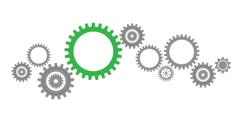 Gear wheel abstract vector set. Collection of different cogwheels and green cog in center isolated on white. Doodle style gear mechanism. New business idea, teamwork, progress, technology concept