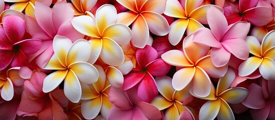 the beauty of frangipani flowers with red pink yellow dan white. Creative banner. Copyspace image