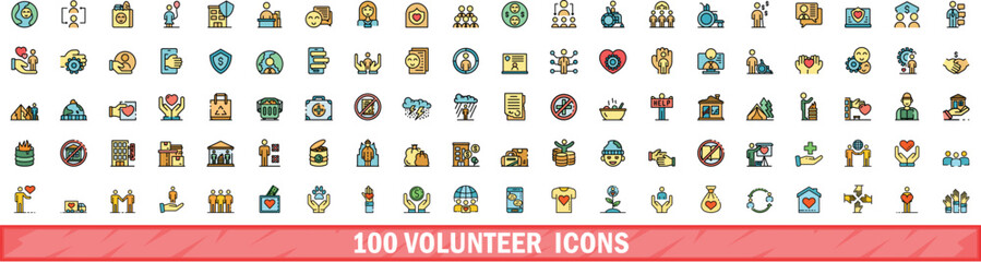 100 volunteer icons set. Color line set of volunteer vector icons thin line color flat on white