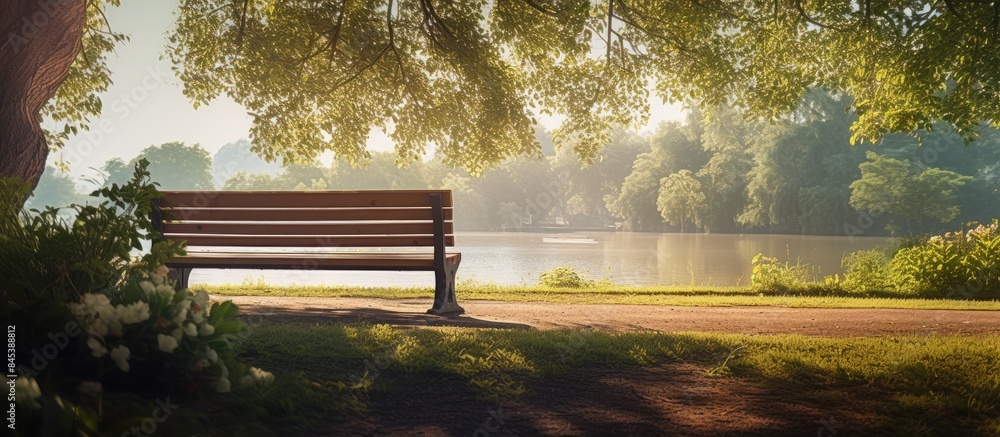 Poster bench for rest stands in the park. creative banner. copyspace image