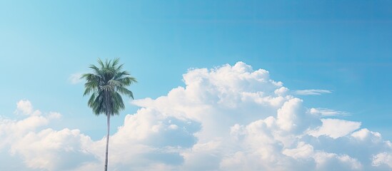 Palm tree with white puffy clouds perfect for cover art or background. Creative banner. Copyspace image