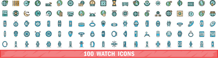100 watch icons set. Color line set of watch vector icons thin line color flat on white