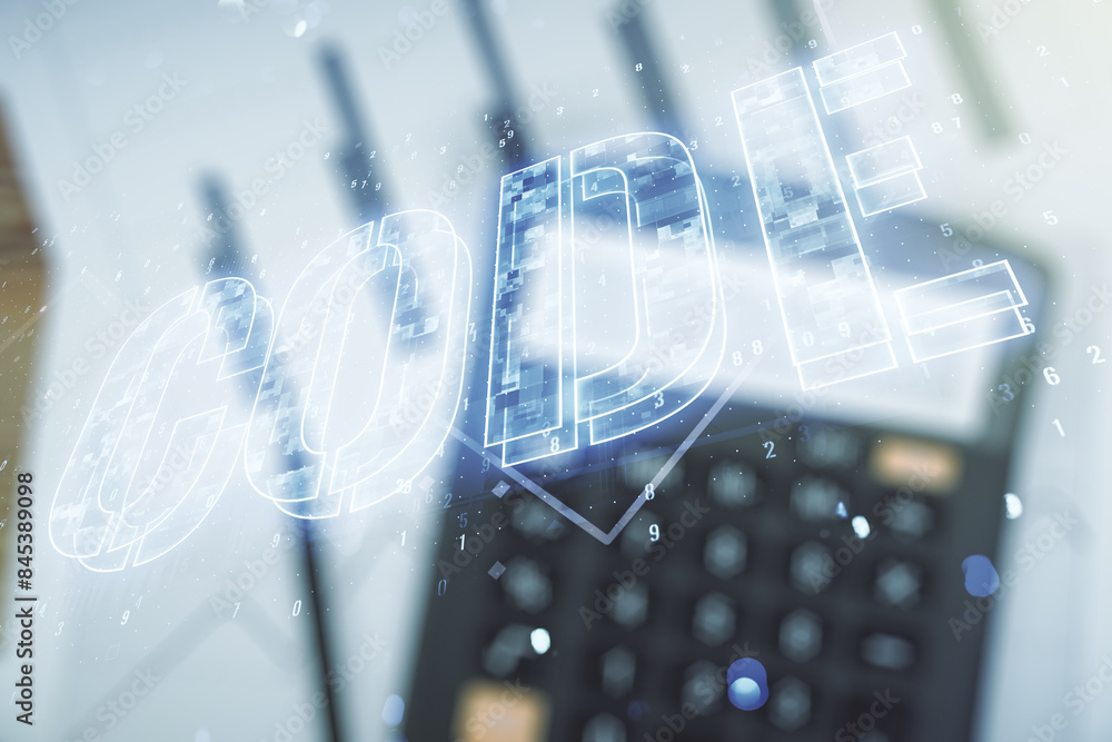 Poster code word hologram on blurry calculator and papers background, international software development co