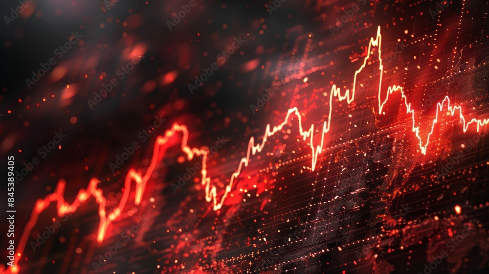 Poster abstract red stock market chart on a black background with glowing particles.