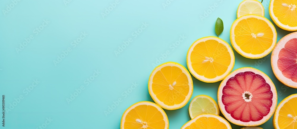 Poster Colorful fruit pattern of fresh lemon and lemon slices on colored background Lemon slices top view flat lay. Creative banner. Copyspace image
