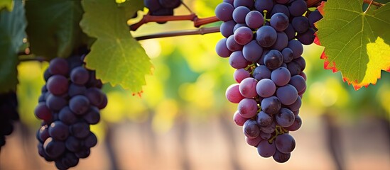 Naklejka premium Bunch of deep red and purple grapes hanging from vine in vineyard selective focus. Creative banner. Copyspace image