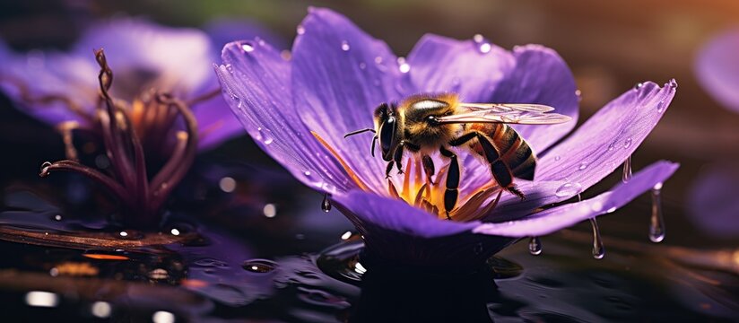 Looking through a brown leaf at a little bee on violet swamp flower. Creative banner. Copyspace image
