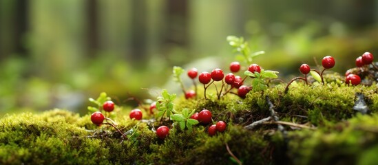 Obraz premium Lingonberries in the forest on the meadow together at the buds in the moss. Creative banner. Copyspace image