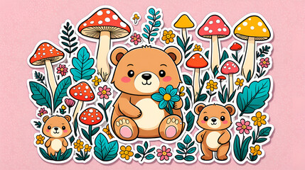 Obraz premium Cute little bear sticker painting with plants and mushrooms, pastoral style, children's painting of little bears
