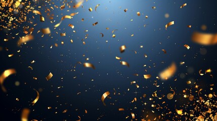 Golden confetti explosion celebratory background with shimmering festive decorations on dark blue