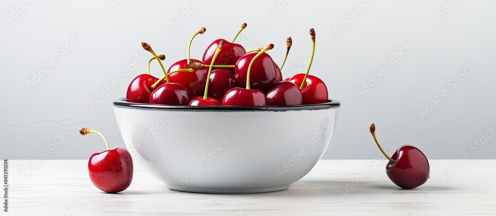 Wall mural Fresh cherries in the metal bowl on the white table. Creative banner. Copyspace image