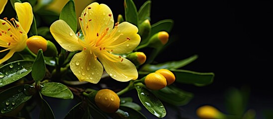 Fototapeta premium image of Hypericum closeup in focus. Creative banner. Copyspace image