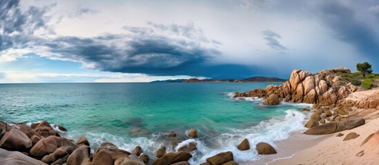 Turquoise lagoons Rocky shore Storm Secluded beach. Creative banner. Copyspace image