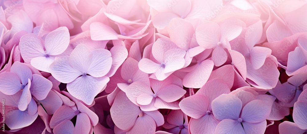 Poster close up of light purple pink hydrangea petals beautiful background. creative banner. copyspace imag