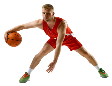 Dynamic portrait of young athlete man in red sportswear training dribbling technique against transparent background. Concept of professional sport, games, healthy lifestyle, tournament, action. Ad