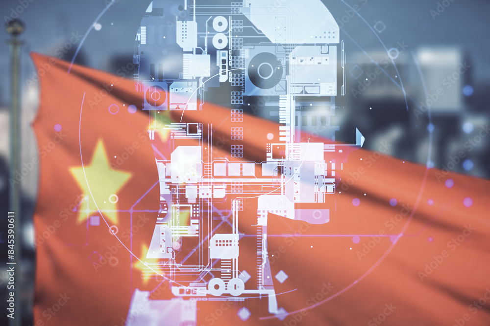 Poster abstract virtual artificial intelligence interface with human head hologram on chinese flag and skyl