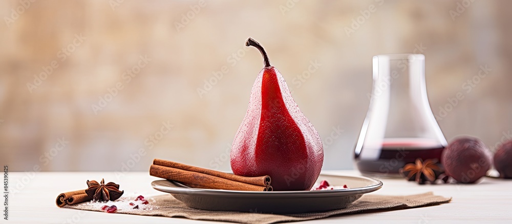 Poster Poached pear in red wine with cinnamon on a light background. Creative banner. Copyspace image