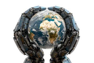 Earth globe supported by robotic arms, white background, environmental protection