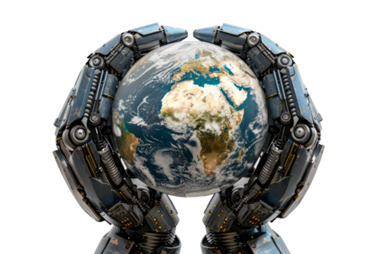 Earth globe supported by robotic arms, white background, environmental protection