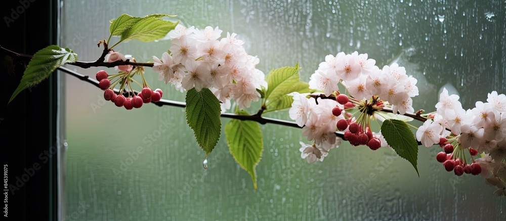 Poster a branch of viburnum on wet glass. creative banner. copyspace image