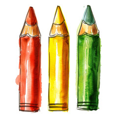 Watercolor Illustration of Red, Yellow, and Green Crayons