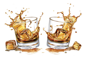 two glasses of whiskey on the rocks clinking with a splash on a transparent white background.