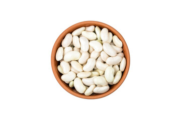 Young, raw white beans in a ceramic bowl. isolated . flat lay