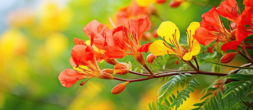 Kembang merak in the garden Caesalpinia pulcherrima. Creative banner. Copyspace image