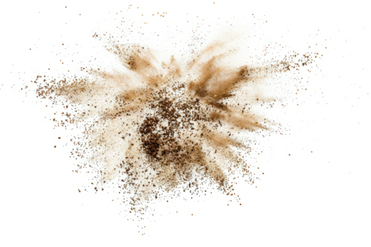 Scattered soil particles forming a starburst pattern in mid-air, set against a white backdrop