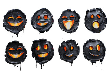 a series of emotional symbols, burnt holes to represent feelings such as joy, sadness or hope, on a piece of paper.
