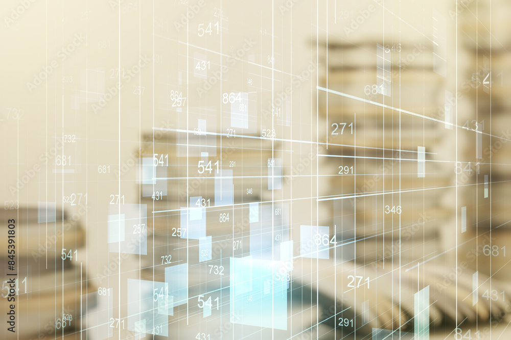 Poster multi exposure of abstract statistics data hologram interface on growing coins stacks background, co