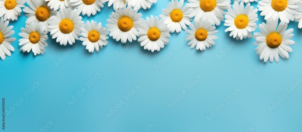 Poster daisy pattern flat lay spring and summer chamomile flowers on a blue background repetition concept t