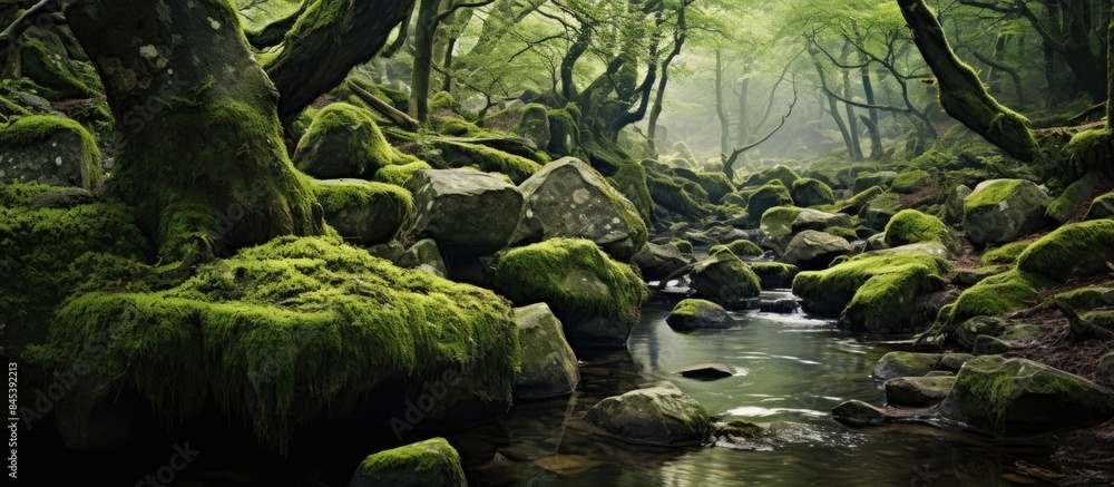 Poster mossy stream surrounded by tree roots. creative banner. copyspace image