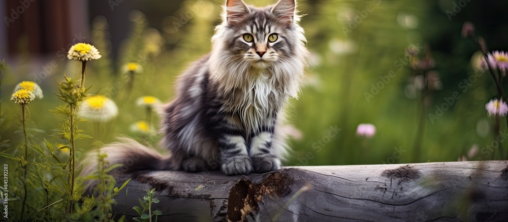 Poster close up portrait maine coon kitten cute fluffy little gray cat sitting on a tree trunk in the garde