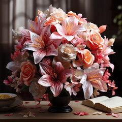 A pink background with a bunch of vibrant roses isolated on it