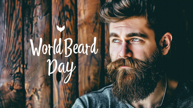 World Beard Day promotion. Bearded man in front of wooden wall. Masculine grooming and style. World Beard Day advertising, special offer and event