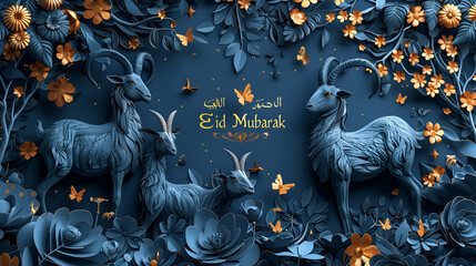 A decorative banner with Eid Mubarak in Arabic calligraphy