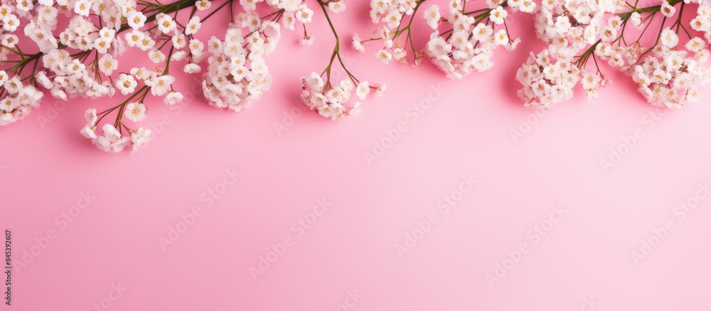 Sticker feminine wedding desktop with baby s breath Gypsophila flowers and pink beautiful flowers on pink background Empty space Floral frame web banner Top view Picture for blog or social media